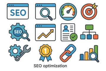 Seo optimization icons: search engine tools and analytics graphics.