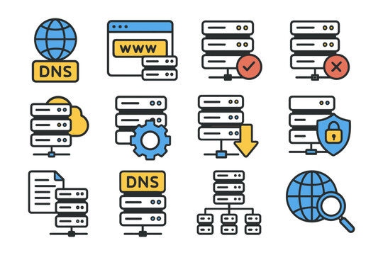 Icons of dns and web hosting services featuring servers and security elements.