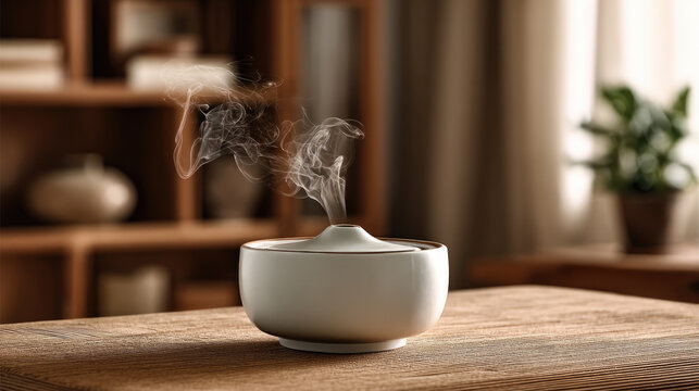 White ceramic aroma diffuser with gentle smoke rising, placed on wooden table in cozy living room, creating calm and peaceful atmosphere