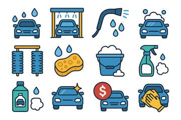 Car wash icons: cleaning tools, soap, bubbles, sponge, spray bottle illustrations.