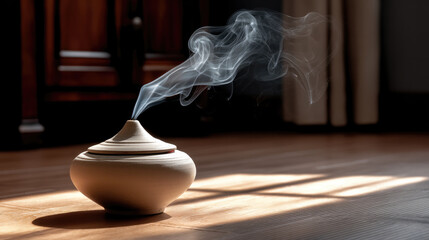 Ceramic incense burner with white smoke rising in sunlight on wooden floor, peaceful and calming home atmosphere