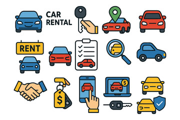 Naklejka premium Car rental icons set featuring vehicles, keys, and rental processes.