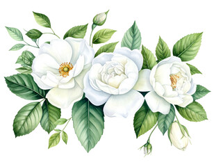 Elegant white roses, green foliage, graceful floral arrangement