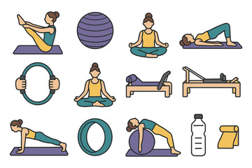 Female fitness routine: pilates and yoga poses with equipment.