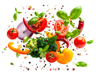 Explosion of fresh vegetables, herbs & spices on black