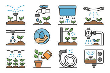 Diverse plant irrigation methods illustrated with icons for efficient watering solutions.