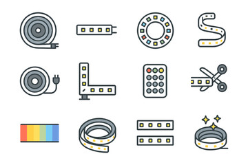 Led strip light icons set with remote and color options.