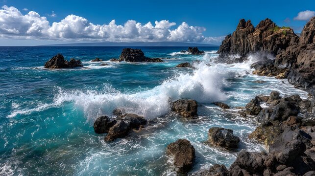 Waves crashing on rocky beach shore with ocean view