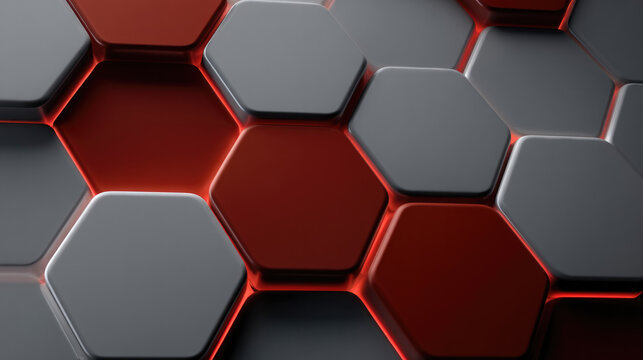 Minimalistic hexagonal grid background with metallic red and gray tiles, modern geometric pattern, futuristic abstract design