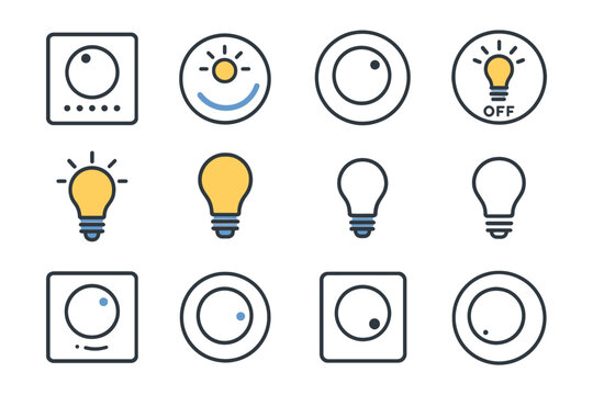 Light icons set: bulbs and switch designs in minimalist line art style.