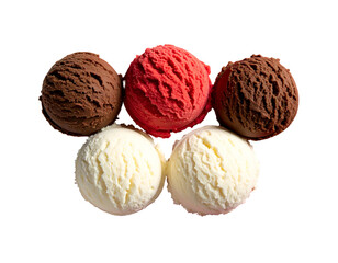 Five scoops of chocolate, red, and vanilla frozen dessert