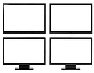 Four black monitors with white blank screens in a 2x2 grid