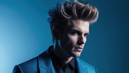 Stylish man in sleek blue suit posing against bold blue backdrop Generative AI