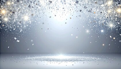 Elegant sparkling festive stage backdrop with shimmering confetti and illuminated spotlights for celebrations