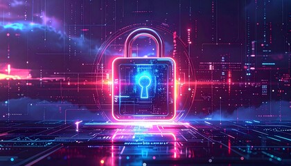 Colorful digital padlock symbolizing cybersecurity in a futuristic virtual environment with glowing effects and intricate designs