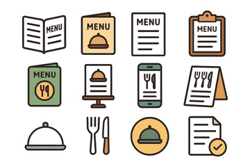 Variety of menu icons: digital, paper, and dining tools illustrations.