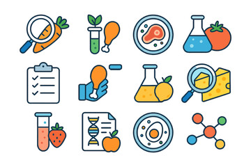 Food science icons: research, nutrition, and molecular analysis illustrations.