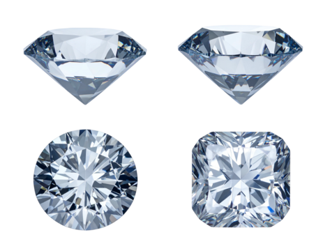 Four clear, brilliant, faceted diamonds, various cuts, black