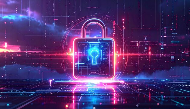 Colorful digital padlock symbolizing cybersecurity in a futuristic virtual environment with glowing effects and intricate designs