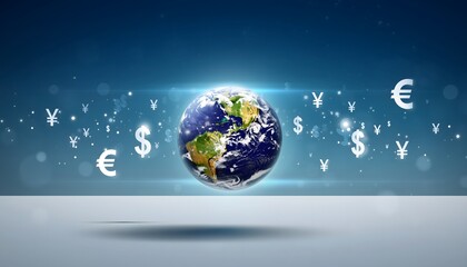Global Economy Concept Earth Globe with Currency Symbols (Dollar, Euro, Yen) World Business and Finance Visualization.