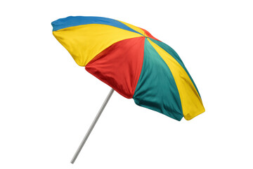 Colorful beach sunshade providing summer protection and leisure, flying in air, isolated with transparent background