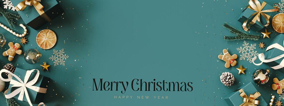 Christmas decoration with Christmas presents on green background with copy space and text. Christmas banner design. 3D Rendering, 3D Illustration - Powered by Adobe