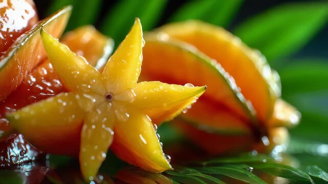 Macro shot of juicy sliced starfruit with vibrant yellow flesh and glossy texture
