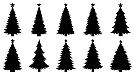 Christmas tree silhouette clipart set. Black Christmas tree drawing clip art collection in white background for xmas season pine tree flat icon decoration vector 