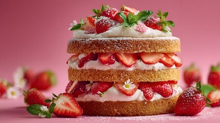 Decadent strawberry shortcake stack featuring layers of fluffy whipped cream and fresh red strawberries set against a pastel pink backdrop.