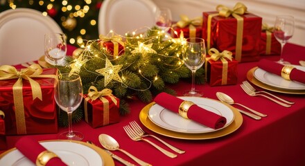Festive dining table elaborately set with shimmering lights and wrapped presents