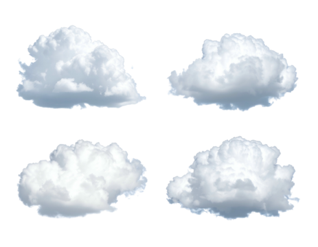Four isolated fluffy white clouds against a plain dark background
