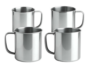 Four shiny metallic steel mugs with handles, reflective