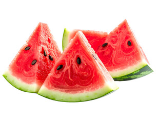 Four refreshing, ripe, red watermelon slices with seeds and rinds