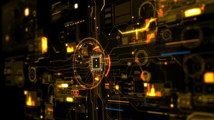 Futuristic Orange Digital HUD Interface with Microchip - Powered by Adobe