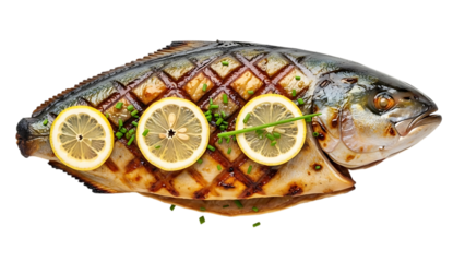 Grilled dorado fish served with lemon slices and chives isolated on transparent background