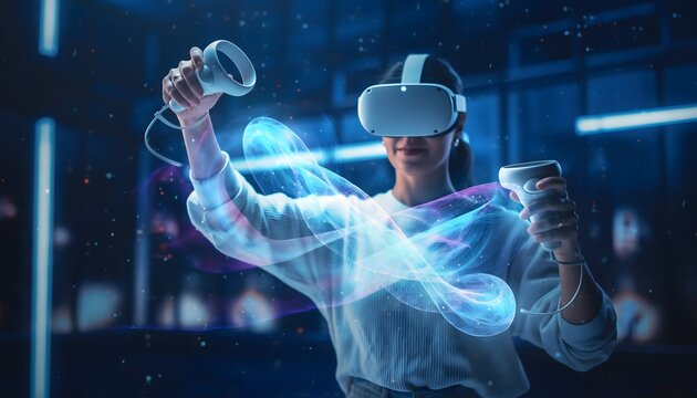 Immersive Virtual Reality Experience Woman in VR Headset and Controllers, Interacting with Digital Graphics and Futuristic Technology.
