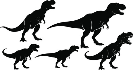 PrintSilhouette of Tyrannosaurus Rex dinosaur vector illustration set, black prehistoric animal icons collection for logo design, isolated on white background, roaring t-rex.