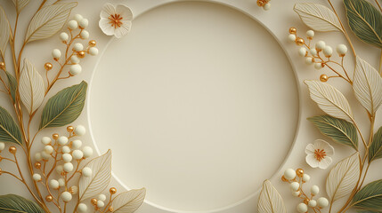 Elegant Floral Frame: A serene and delicate floral arrangement gracefully frames a central, circular space, creating an aura of sophistication and natural beauty with soft textures and subtle colors.