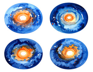 Four vibrant watercolor spiral galaxy paintings, blue and orange