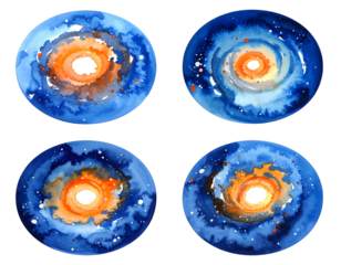 Four vibrant watercolor spiral galaxy paintings, blue and orange