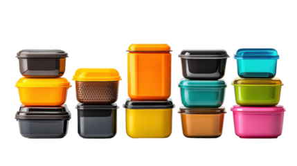 Colorful plastic containers on a transparent background