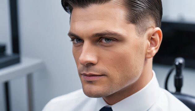 Man in formal attire with sleek hairstyle in modern office setting Generative AI