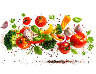 Fresh colorful vegetables & spices in dynamic falling composition