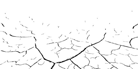 High-contrast cracked earth texture in black and white, showing dry, fractured soil patterns. Ideal for backgrounds, environmental concepts, drought themes, and vector texture design.