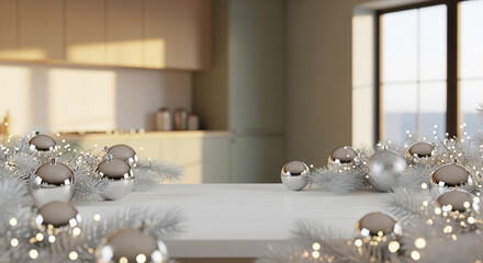 Silver Christmas baubles and snowy branches on white wooden table against blurred kitchen background. Bright winter holiday product display podium with sunlight