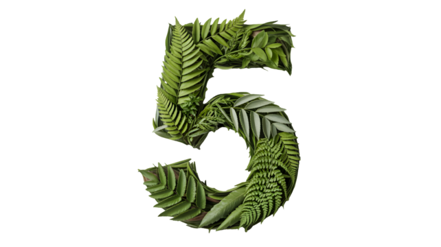 Number five formed from lush green fern leaves on a plain background isolated on transparent background - Powered by Adobe
