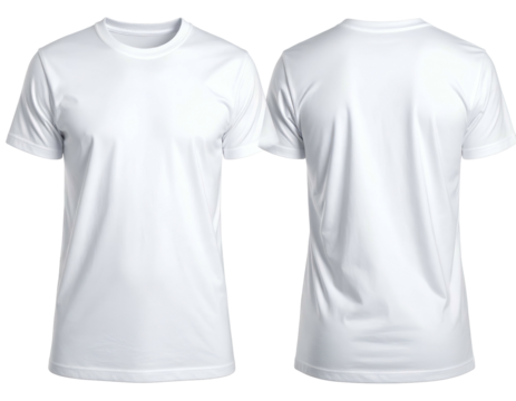 Front and back views of two clean, simple white t-shirts on black