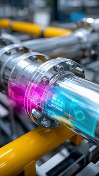 High-tech industrial pipe system with glowing digital interface overlays and metallic components