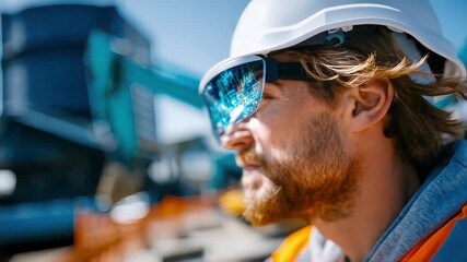 Close-up portrait of a construction worker wearing futuristic augmented reality glasses displaying holographic data - Powered by Adobe