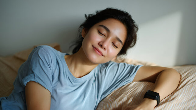 young Asian woman in her early 20s is shown lying on her side in bed, captured from the chest up, fully in frame with enough headroom and negative space to avoid any cropping. She
